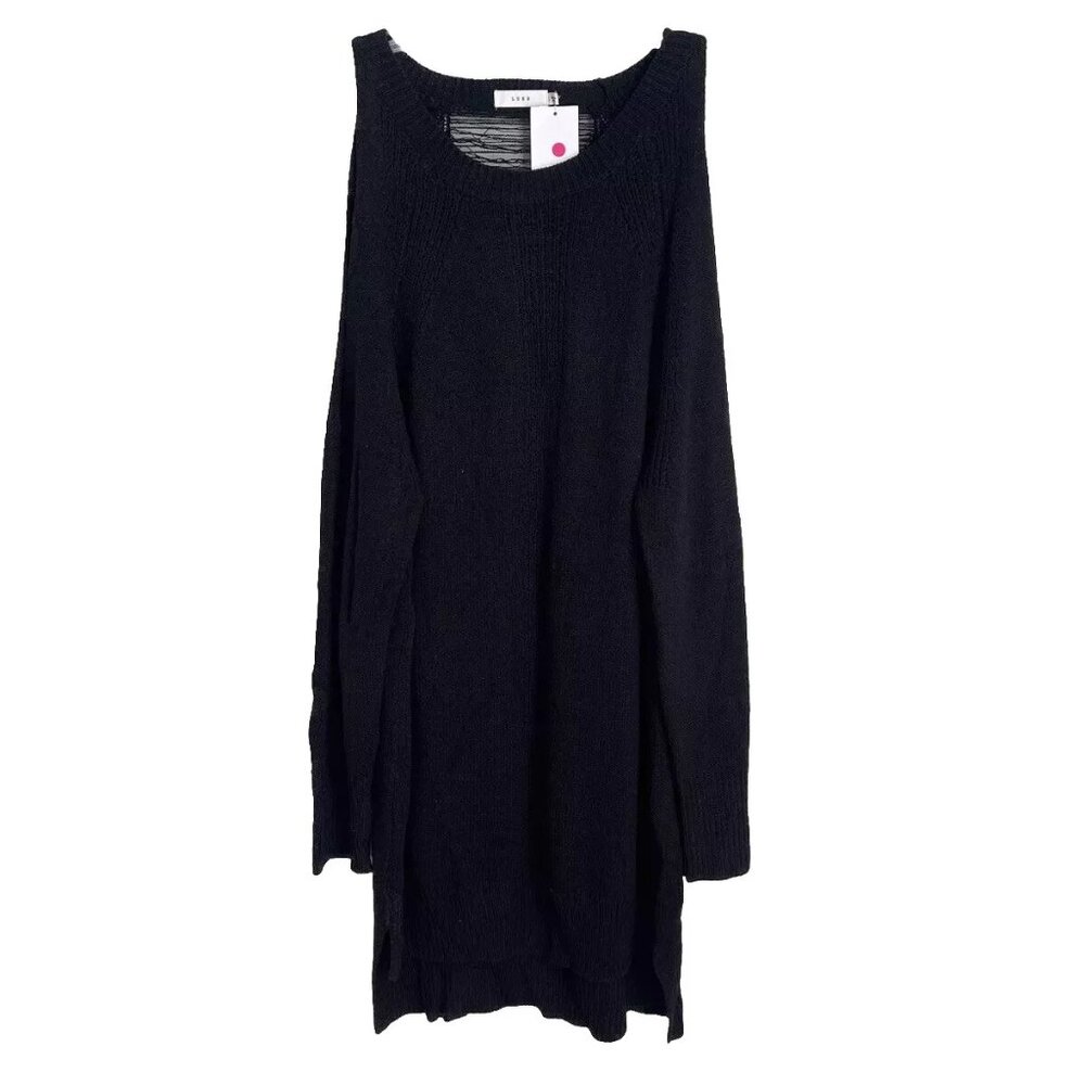 Lush Black Knit Long Sleeve Distressed Sweater Dress NEW Women's